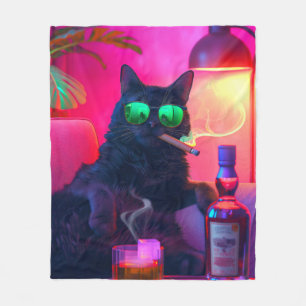 Gentleman Cat Drinking Whiskey Funny Bar Fleece Blanket