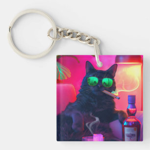 Gentleman Cat Drinking Whiskey Funny Bar Key Ring