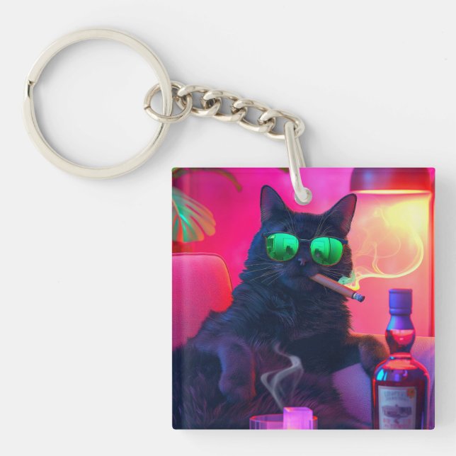 Gentleman Cat Drinking Whiskey | Funny Bar Key Ring (Front)