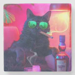 Gentleman Cat Drinking Whiskey Funny Bar Stone Coaster