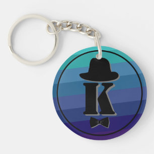 Gentleman hat bow blue ombre name initial monogram key ring