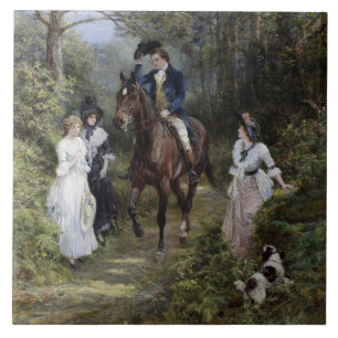 Gentleman on Horseback Meeting Ladies in a Forest Ceramic Tile