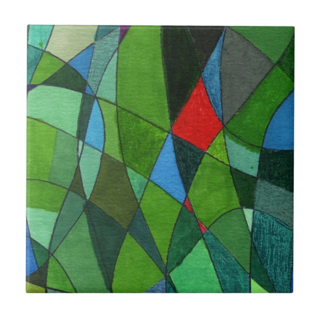Gently curved free form greens with red accents ceramic tile (Front)