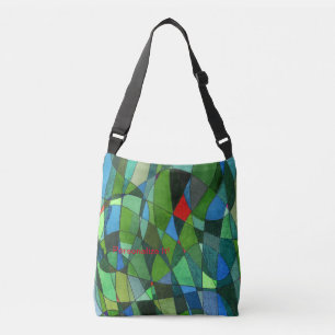 Gently curved shapes in cool greens and red accent crossbody bag