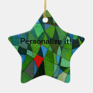 Gently curved shapes in cool greens & red accent ceramic ornament