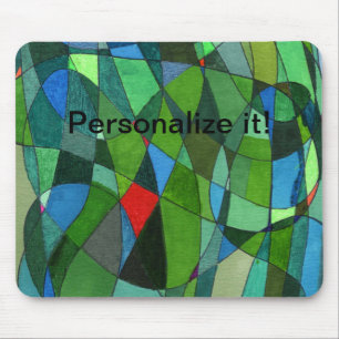Gently curved shapes in cool greens & red accents mouse pad