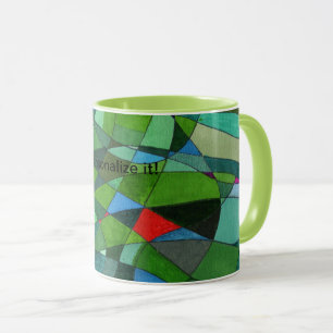 Gently curved shapes in cool greens & red accents mug