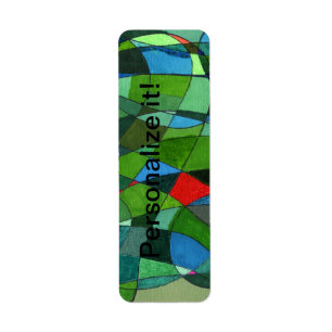 Gently curved shapes in cool greens & red accents return address label