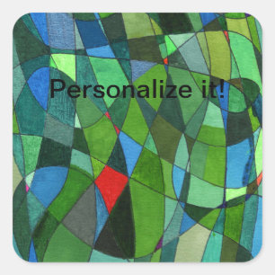Gently curved shapes in cool greens & red accents square sticker