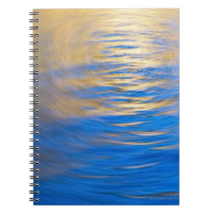 Gently rippled water reflecting gold and blue notebook