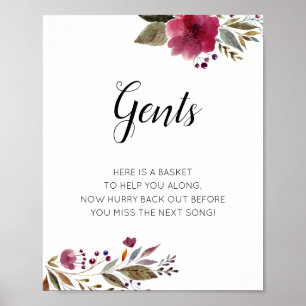 Gents Mens Bathroom Basket Sign Burgundy Flowers