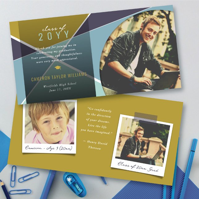 Geo Blue Criss Cross Colour Block Photo Graduation Thank You Card (Geo Blue Criss Cross Color Block Modern Photo Graduation Thank You Card @ zazzle.com/color_therapy)