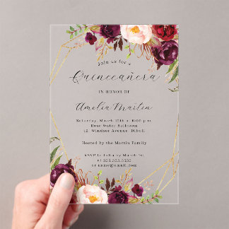 Geo Clear Acrylic Burgundy Floral Quinceanera  Invitations