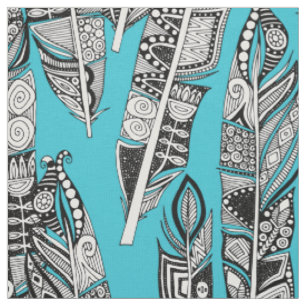 geo feathers turquoise blue fabric