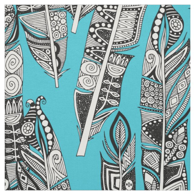 geo feathers turquoise blue fabric (Swatch)