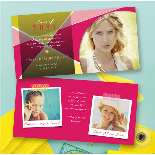 Geo Fuchsia Criss Cross Colour Block Photo Graduat Thank You Card