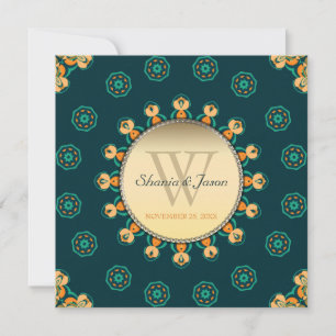 Geo Gems Circle Monogram Teal Gold Wedding Invitation