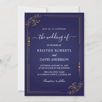 geo gold and royal blue wedding invitation
