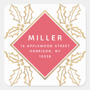 Geo Hand Drawn Gold Hollies Holiday Return Address Square Sticker