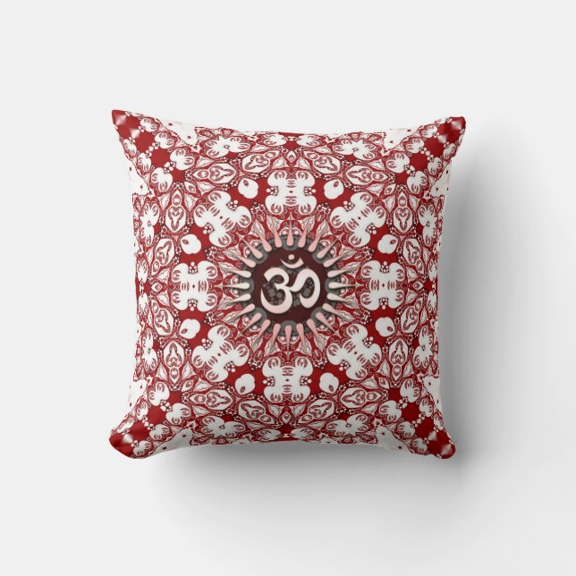 Geo-Lace Mandala White Red OM Cushion / Pillow (Front)