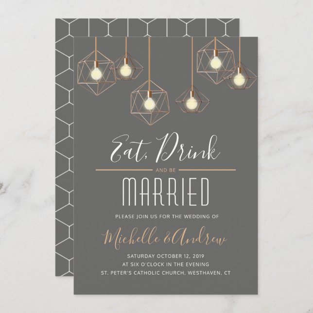 Geo Lights Eat Drink and be Married Grey Wedding Invitation (Front/Back)