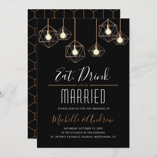 Geo Lights Eat Drink and be Married Wedding Invitation (Front/Back)