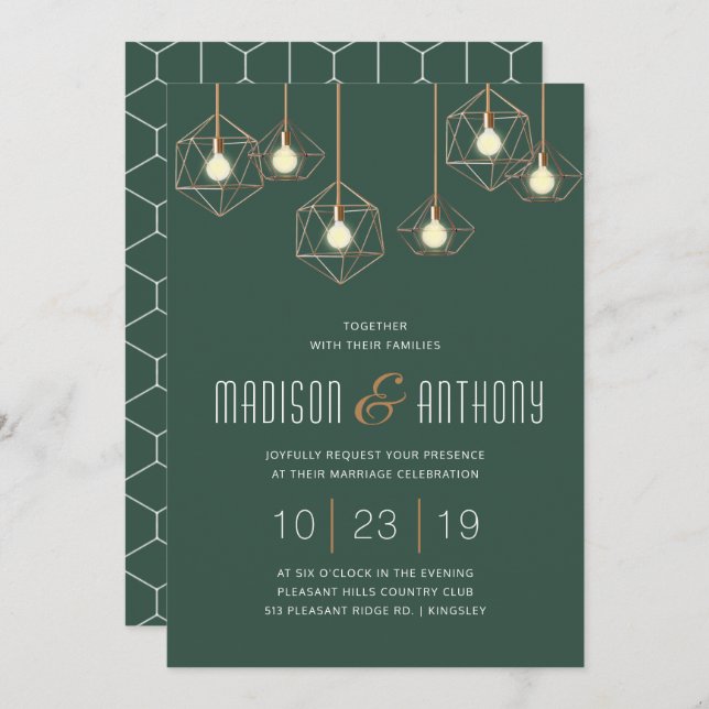 Geo Lights Emerald Green Modern Geometric Wedding Invitation (Front/Back)