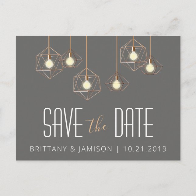 Geo Lights Grey Modern Geometric Save the Date Announcement Postcard (Front)