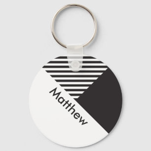 Geo Minimal Black White Stripes Custom Name Tag Key Ring