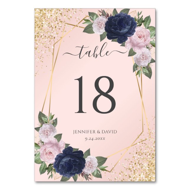 Geo Navy Blue Blush Gold Confetti Floral Wedding Table Number (Front)