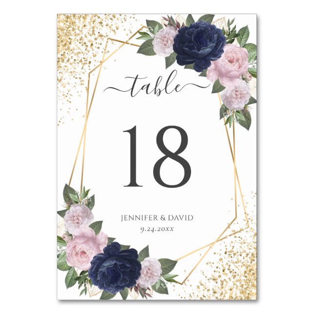 Geo Navy Blue Gold Blush Pink Floral Wedding Table Number (Front)