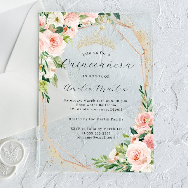 Geo Pink Floral Clear Acrylic Floral Quinceanera  Acrylic Invitations (Creator Uploaded)