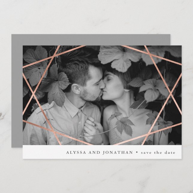 Geo Wedding | Faux Copper with Photo Save the Date Invitation (Front/Back)