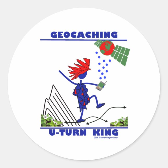 Geocaching U Turn King Classic Round Sticker (Front)