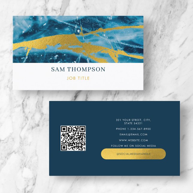 Geode Agate Blue Gold Social Media QR Code Business Card (Creator Uploaded)