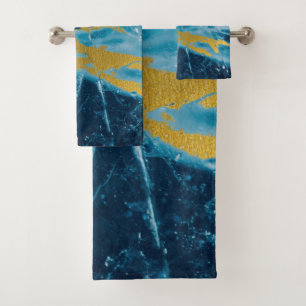 Geode Agate Gemstone Blue and Gold Bath Towel Set