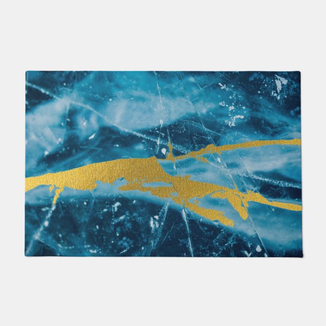 Geode Agate Gemstone Blue and Gold Doormat (Front)