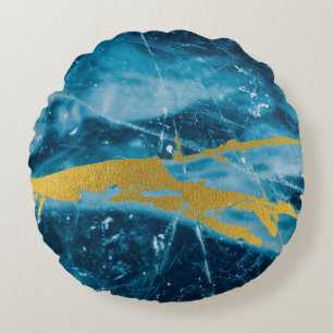 Geode Agate Gemstone Blue and Gold Round Cushion