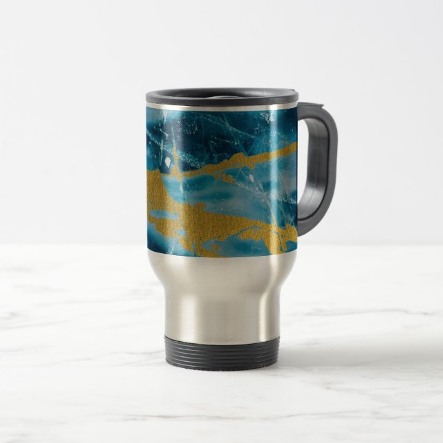Geode Agate Gemstone Blue and Gold Travel Mug (Front Right)