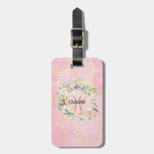 Geode Agate Gold Script Monogram Floral Luggage Tag