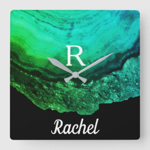 Geode Agate Monogram Initials Name Template Green Square Wall Clock