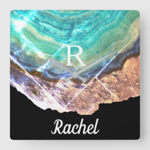 Geode Agate Monogram Name Template Green Sparkling Square Wall Clock
