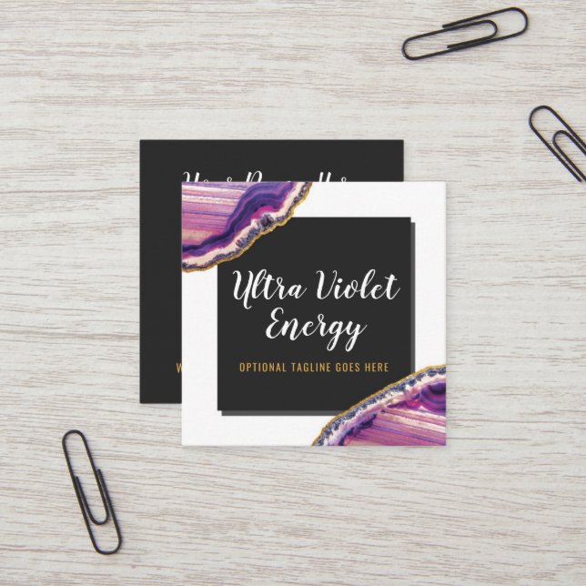 Geode Agate Slice Gemstone Ultra Violet Purple Square Business Card (Front/Back In Situ)