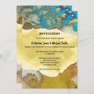 Geode faux gold blue crystal watercolor chic agate invitation