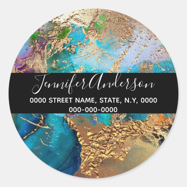 Geode faux gold blue purple peacock chic agate classic round sticker (Front)