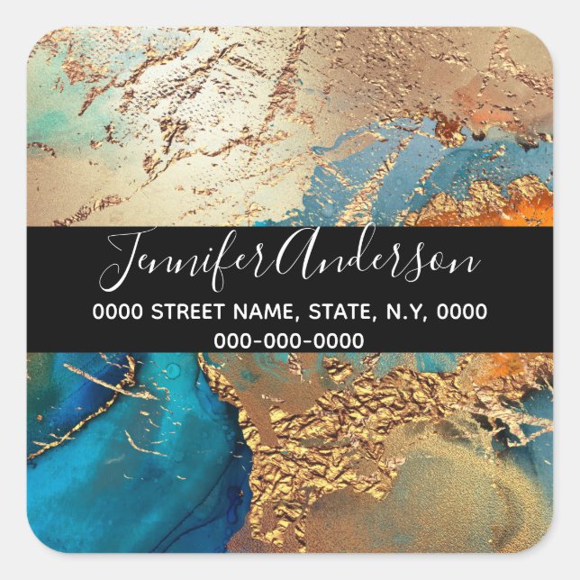 Geode faux gold blue purple peacock chic agate square sticker (Front)