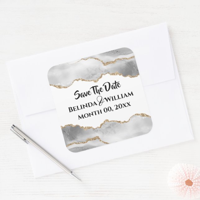 Geode faux gold white agate couples hitched square sticker (Envelope)