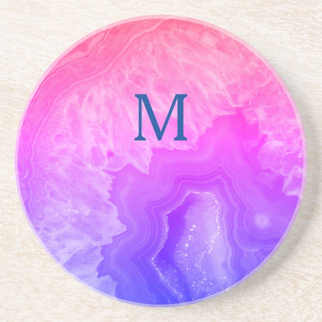 Geode Gemstone Agate Monogram Initials Pink Blue Coaster (Front)