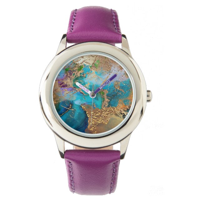 Geode peacock colours faux gold blue pretty kids watch (Front)