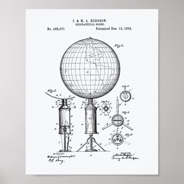 Geographical Globe 1892 Patent Art White Paper Poster (Front)